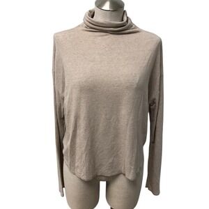 Community Aritzia Turtleneck Top Women L Oatmeal Beige Linen Wool Long Sleeve